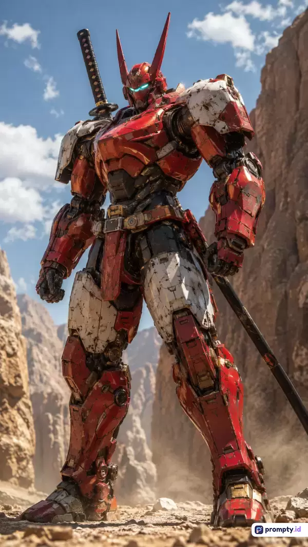 Gambar digital bergaya sinematik ini menampilkan robot mech raksasa berwarna merah, putih, dan cokelat dengan gaya samurai yang berdiri megah di ngarai tandus, dengan kata kunci mecha, robot, samurai, fiksi ilmiah, futuristik, dan aksi, serta memiliki 3 warna dominan yaitu merah, putih, dan cokelat.