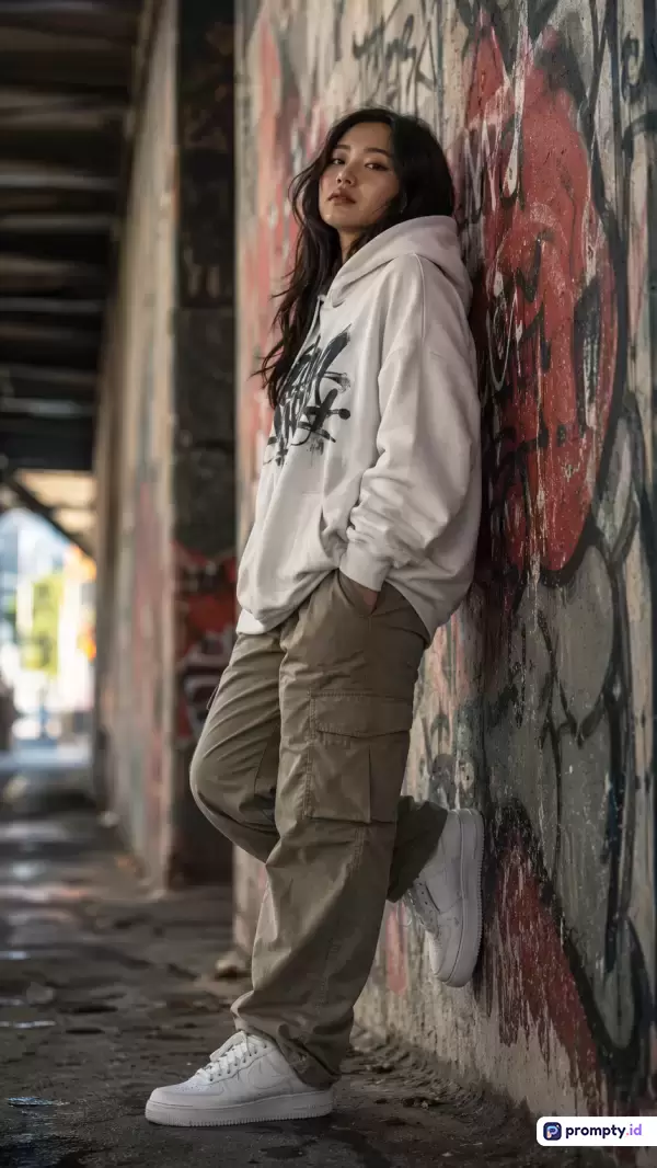 Foto potret bergaya urban street style ini menampilkan seorang wanita muda berambut panjang yang mengenakan hoodie putih oversize, celana kargo khaki, dan sepatu kets putih, berpose santai bersandar di dinding penuh grafiti dengan dominasi warna putih, merah, dan cokelat, serta menggunakan kata kunci: wanita, urban, street style, hoodie, grafiti, kargo, fashion, dan jalanan.