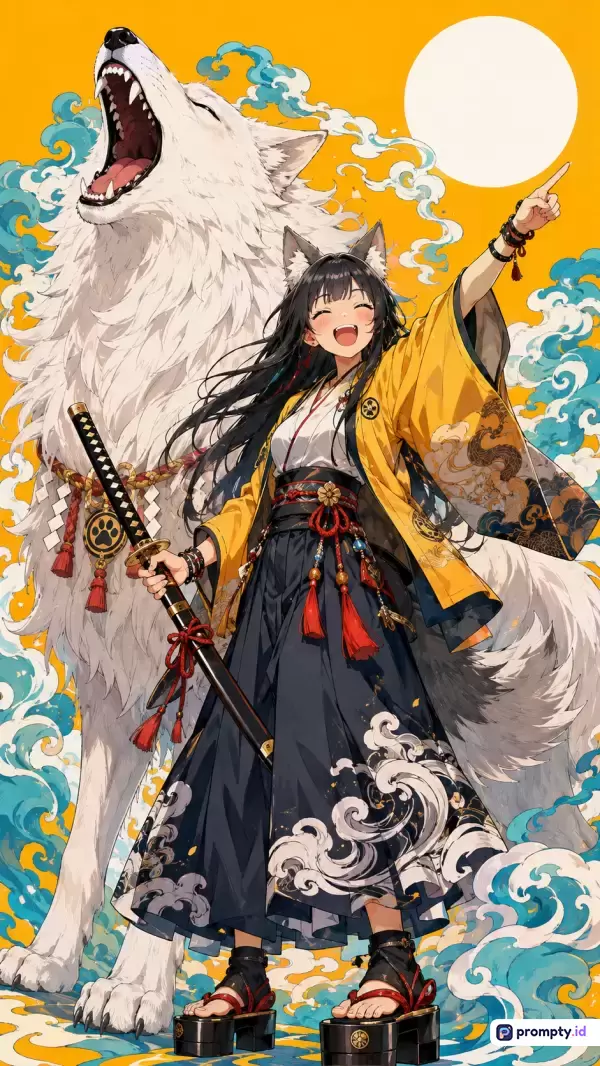 Gambar bergaya anime modern ini menampilkan gadis berambut hitam berpakaian tradisional Jepang (kimono kuning, rok gelap, geta) sambil memegang pedang katana dan menunjuk ke bulan putih, ditemani oleh serigala putih raksasa yang melolong di latar belakang kuning cerah berhiaskan ombak biru bergaya Ukiyo-e, dengan kata kunci utama: anime, gadis jepang, serigala putih, katana, kimono, bulan, dan ukiyo-e, serta didominasi oleh warna kuning cerah, biru toska, dan putih bersih.