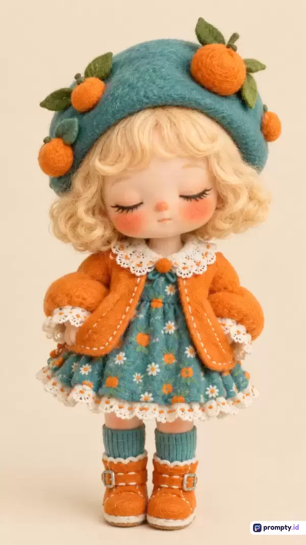 Gambar berformat vertikal ini menampilkan boneka koleksi bergaya *art toy* dengan konten visual karakter anak perempuan berambut pirang keriting yang mengenakan pakaian musim gugur berbahan wol flanel dan topi baret hijau toska berhias miniatur jeruk, yang dipadukan dengan kata kunci boneka desainer, estetika musim gugur, mainan koleksi, kerajinan felt, dan estetika kawaii, serta didominasi oleh tiga warna utama yaitu oranye, hijau toska, dan krem.