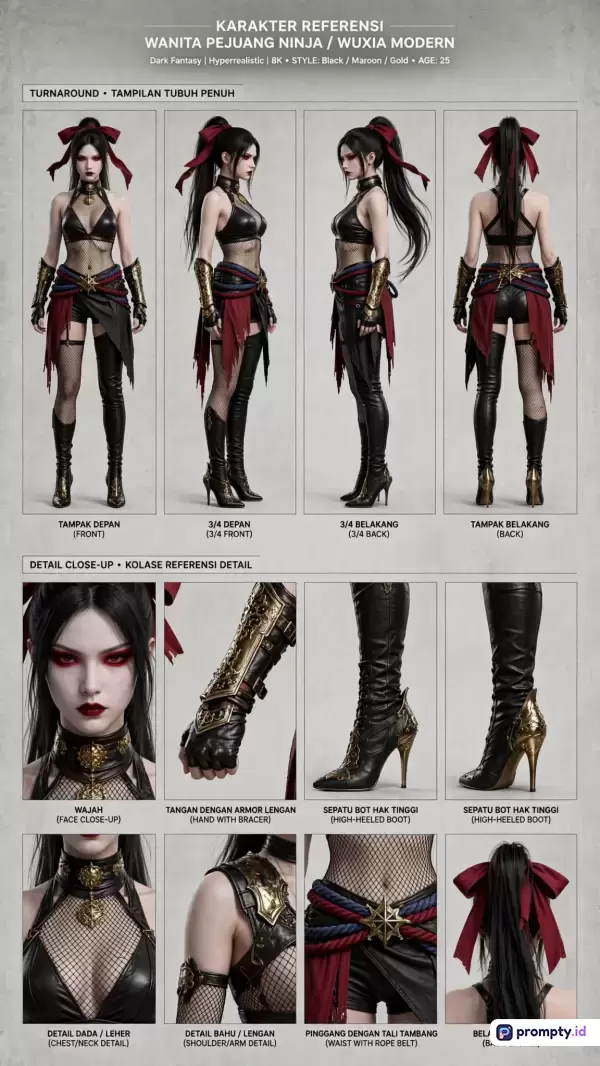 Gambar lembar referensi karakter bergenre *dark fantasy* dan *wuxia* modern ini menampilkan gaya seni hiperrealistik 8K dengan konten berupa lembar putar (*turnaround*) tampak depan, 3/4 depan, 3/4 belakang, serta belakang, dilengkapi kolase detail *close-up* wajah, armor lengan, sepatu bot hak tinggi, dada, bahu, pinggang, dan pita rambut, yang menggunakan kata kunci wanita pejuang, ninja, *cyberpunk*, konsep seni, dan desain karakter, didominasi oleh warna hitam, merah marun, dan emas.