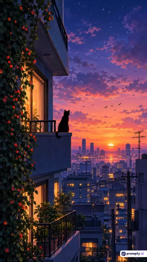 Gambar bergaya ilustrasi anime digital ini menampilkan pemandangan sore hari yang tenang dengan konten seekor kucing hitam duduk di balkon apartemen berhias tanaman rambat berbunga merah, menghadap ke panorama kota urban di bawah langit senja bergradasi ungu dan jingga, yang diasosiasikan dengan kata kunci senja, kucing, anime, kota, dan estetika, serta didominasi oleh tiga warna utama yaitu biru tua, jingga, dan ungu.