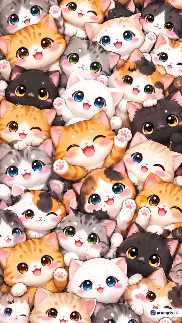 Gambar bergaya ilustrasi digital/anime kawaii ini menampilkan kumpulan anak kucing beragam warna (oranye, hitam, abu-abu, putih, calico) yang tersenyum riang dan melambaikan tangan, menggunakan palet warna cerah dan pastel dengan kata kunci kucing, kawaii, anak kucing, imut, ilustrasi, hewan peliharaan, dan animasi, serta didominasi oleh warna oranye, putih, dan hitam.
