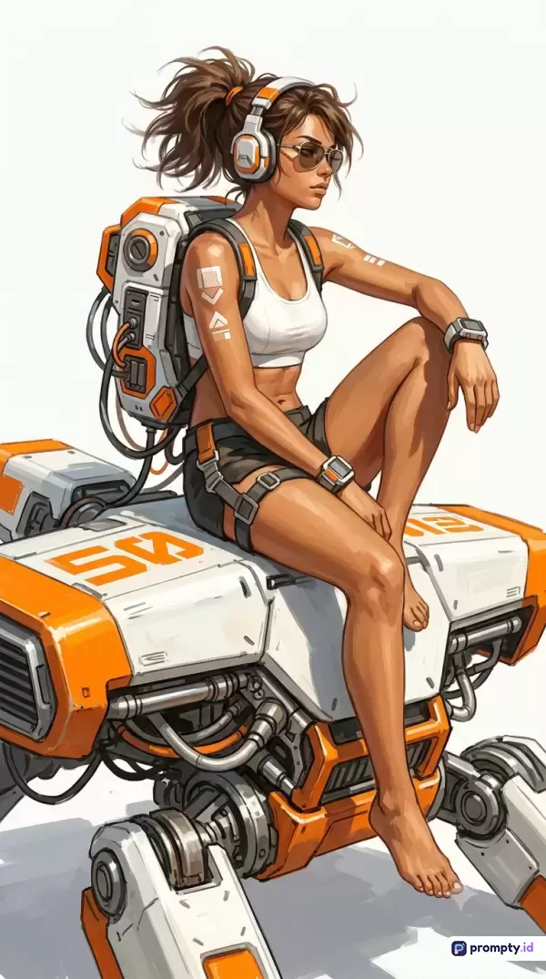 Gambar bergaya ilustrasi digital anime fiksi ilmiah ini menampilkan konten seorang wanita petualang berkulit sawo matang yang mengenakan kacamata hitam dan headphone sambil duduk santai di atas robot beroda dengan warna dominan oranye terang, putih bersih, dan abu-abu metalik, serta dikaitkan dengan kata kunci sci-fi, wanita futuristik, robot penjelajah, seni digital, dan petualangan angkasa.