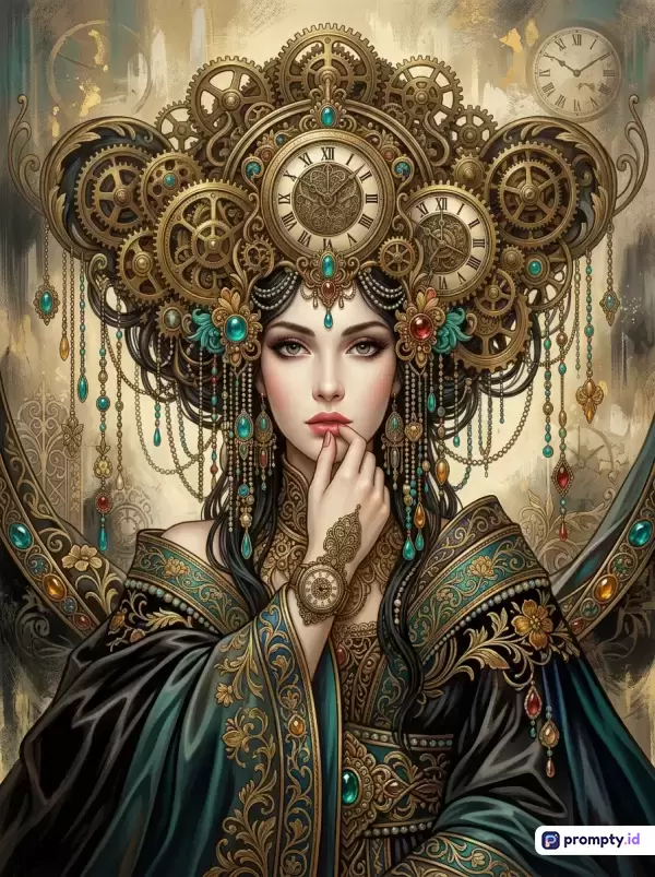 Gambar bergaya digital painting fantasi steampunk ini menampilkan seorang wanita anggun berambut hitam dengan hiasan kepala rumit dari roda gigi jam dan perhiasan permata, mengenakan busana berornamen emas dan toska dengan latar belakang abstrak bernuansa waktu, menggunakan kata kunci wanita, steampunk, jam, roda gigi, fantasi, dan perhiasan, didominasi oleh warna emas, hijau toska, dan cokelat gelap.