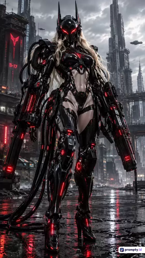 Gambar bergaya fiksi ilmiah cyberpunk ini menampilkan konten prajurit cyborg wanita berambut pirang mengenakan baju zirah hitam futuristik bermata merah bersenjata berat di tengah kota megakota distopia yang basah, dengan kata kunci pahlawan super, teknologi masa depan, robot, sci-fi, aksi, dan tiga warna dominan yaitu hitam, merah, serta abu-abu.