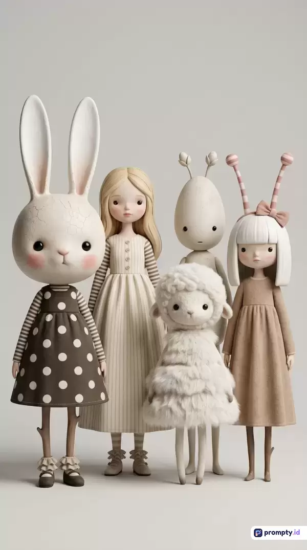 Gambar ber-gaya render 3D minimalis menampilkan konten karakter boneka fantasi yang unik dengan komposisi estetis, menggunakan palet warna dominan putih, krem, dan cokelat muda, serta dilengkapi kata kunci boneka surealis, figur artistik, mainan koleksi, desain karakter, dan estetika pastel.