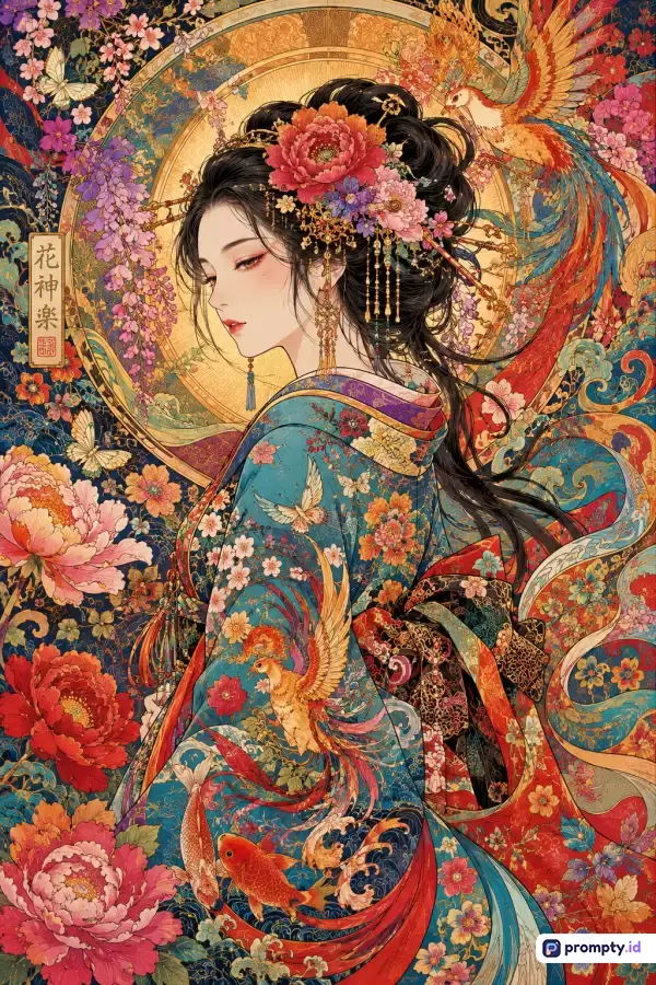 Gambar ilustrasi digital bergaya Ukiyo-e modern ini menampilkan seorang wanita Asia berambut hitam legam dengan hiasan bunga peony merah dan aksesori emas, mengenakan kimono biru bermotif burung phoenix dan bunga, dikelilingi latar belakang ramai flora, fauna, serta kaligrafi Jepang dengan tiga warna dominan yaitu biru tua, merah menyala, dan emas.