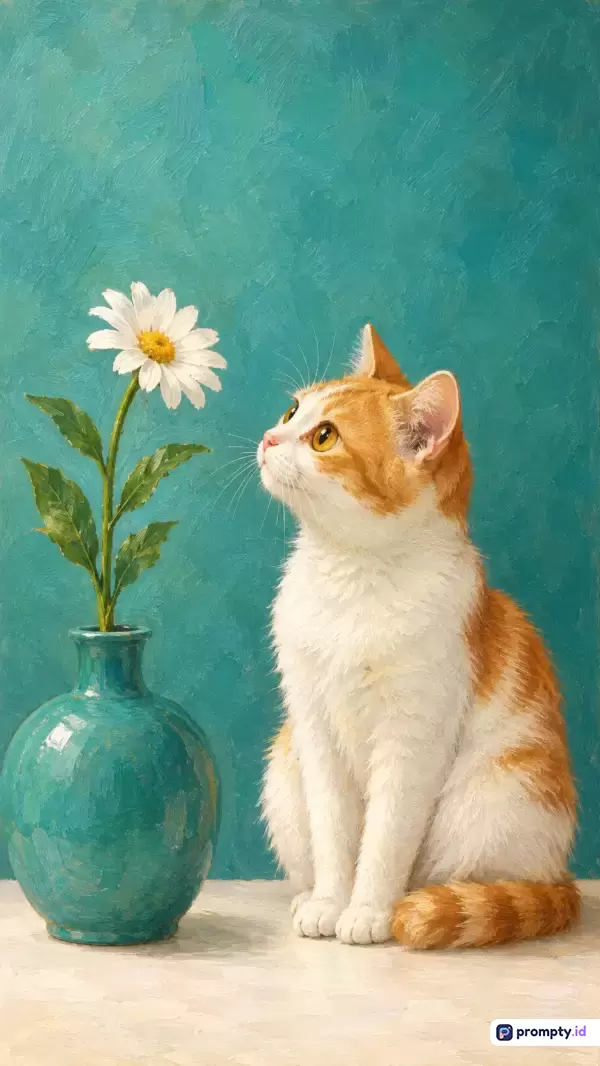 Gambar bergaya lukisan cat minyak impresionis ini menampilkan konten seekor kucing oranye-putih yang menatap penuh rasa ingin tahu ke arah sekuntum bunga aster putih di dalam vas pirus, dengan kata kunci kucing, bunga, vas, seni, lukisan, hewan, alam, dan warna dominan pirus, putih, serta oranye.