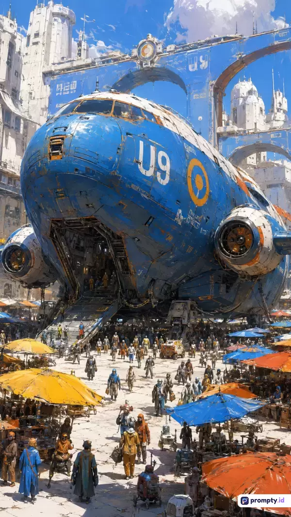 Gambar bergaya seni digital fiksi ilmiah bergenre *cyberpunk* dan *dieselpunk* ini menampilkan konten sebuah pesawat kargo raksasa berwarna biru bertuliskan U9 yang sedang mendarat di pasar terbuka futuristik yang dipenuhi kerumunan orang, dengan palet warna dominan biru, putih, dan jingga, serta kata kunci: pesawat ruang angkasa, pasar masa depan, fiksi ilmiah, arsitektur megah, keramaian.