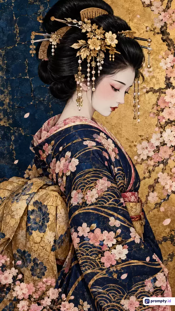 Gambar digital bergaya ilustrasi klasik Jepang ini menampilkan wanita berkimono biru tua bermotif bunga sakura dengan tatanan rambut tradisional bersunduk emas, berlatar dinding kombinasi biru tua dan emas dengan tiga warna dominan yaitu biru tua, emas, dan merah muda, serta kata kunci geisha, tradisional, estetis, elegan, sakura, dan seni jepang.