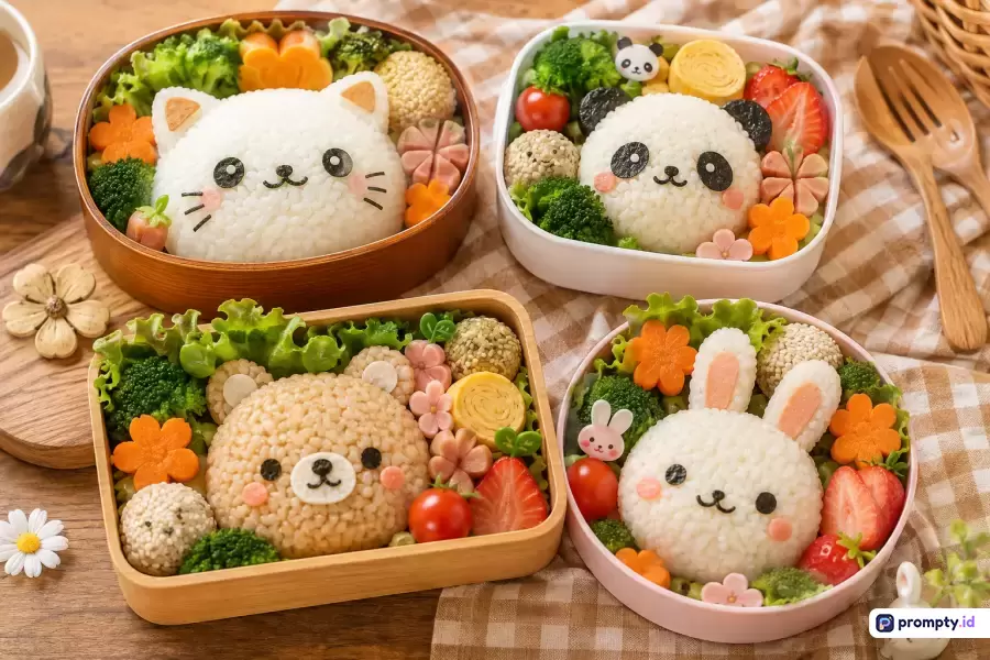 Foto gaya fotografi makanan bergaya datar (flat lay) ini menampilkan empat kotak bekal (bento) Jepang yang diatur estetis di atas kain kotak-kotak cokelat dan papan kayu, berisi nasi berbentuk karakter lucu seperti kucing, panda, beruang, dan kelinci yang dikelilingi lauk warna-warni berupa selada, brokoli, wortel, sosis, dan stroberi, dengan kata kunci bento lucu, seni makanan, bekal anak, karakter nasi, dan estetika Jepang, serta memiliki dominasi tiga warna yaitu cokelat, putih, dan hijau.