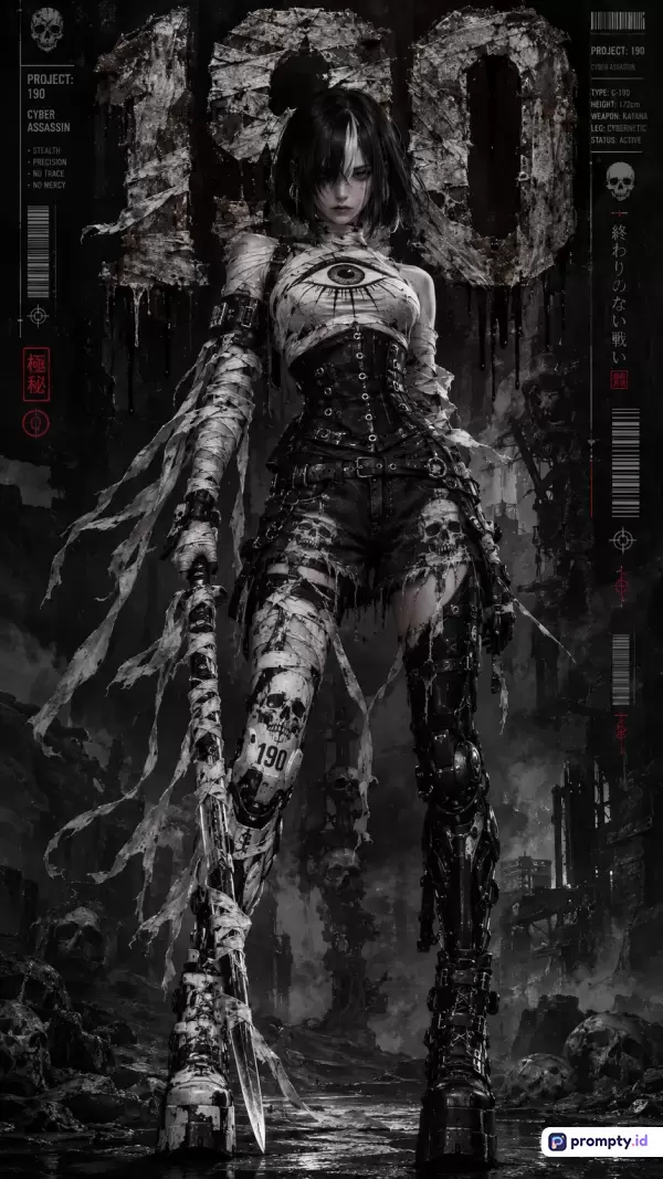 Gambar bergaya ilustrasi digital cyberpunk gelap ini menampilkan konten seorang wanita pembunuh sibernetik berambut pendek dengan balutan kain robek dan mata satu, dikelilingi latar belakang reruntuhan kota bertekstur grunge, menggunakan kata kunci cyberpunk, assassin, wanita, futuristik, pasca-apokaliptik, gelap, didominasi oleh palet warna hitam, putih, dan abu-abu.