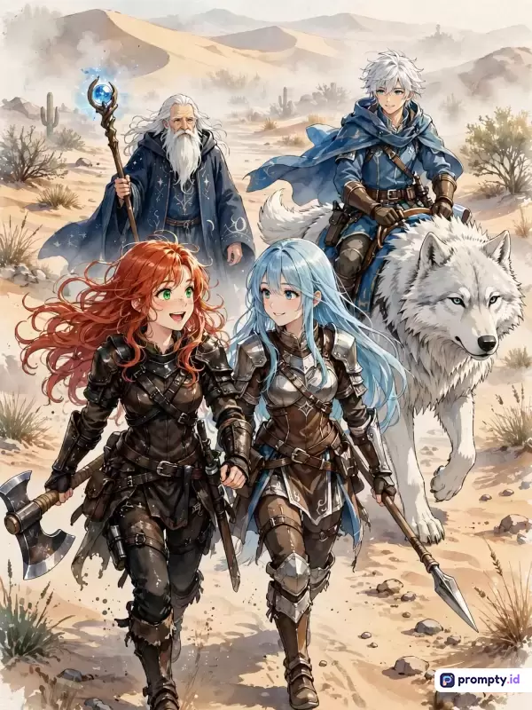 Gambar bergaya ilustrasi anime digital ini menampilkan konten petualangan fantasi epik dengan empat karakter petualang dan seekor serigala putih raksasa di lanskap padang pasir yang luas, menggunakan kata kunci seperti petualangan, fantasi, anime, padang pasir, prajurit, dan sihir, dengan palet warna dominan biru, cokelat, dan putih.