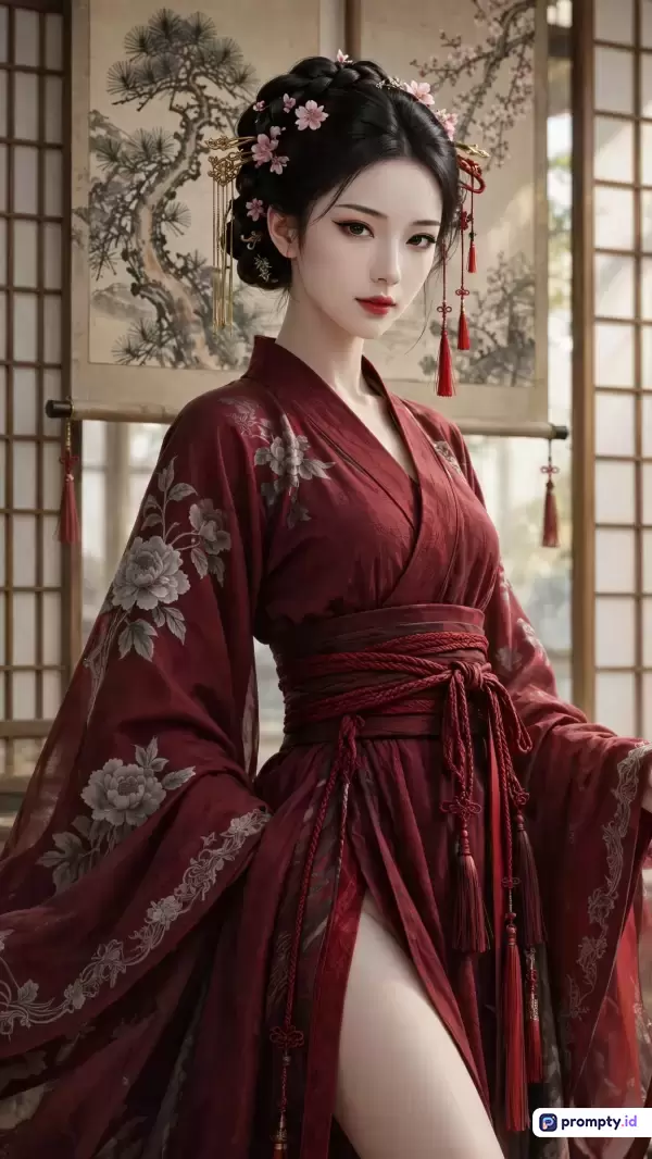 Gambar bergaya ilustrasi digital semi-realistis ini menampilkan konten seorang wanita muda berambut hitam dengan sanggul tradisional yang dihiasi bunga dan jepit rambut, mengenakan jubah tradisional merah marun dengan motif bunga putih, berlatar ruangan dengan partisi kayu dan lukisan dinding; kata kunci yang mencakup wanita cantik, busana tradisional, hanfu modern, estetika Asia, dan ilustrasi digital ini didominasi oleh warna merah marun, putih, dan cokelat kayu.