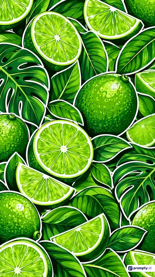 Gambar ilustrasi digital berpola mulus (seamless pattern) ini menampilkan buah jeruk limau segar, baik utuh, setengah, maupun irisan, yang dipadukan secara artistik dengan dedaunan tropis hijau bergaris putih tebal bergaya pop art, menggunakan kata kunci limau, jeruk nipis, daun tropis, segar, dan ilustrasi, dengan tiga warna dominan yaitu hijau limau, hijau tua, dan putih.