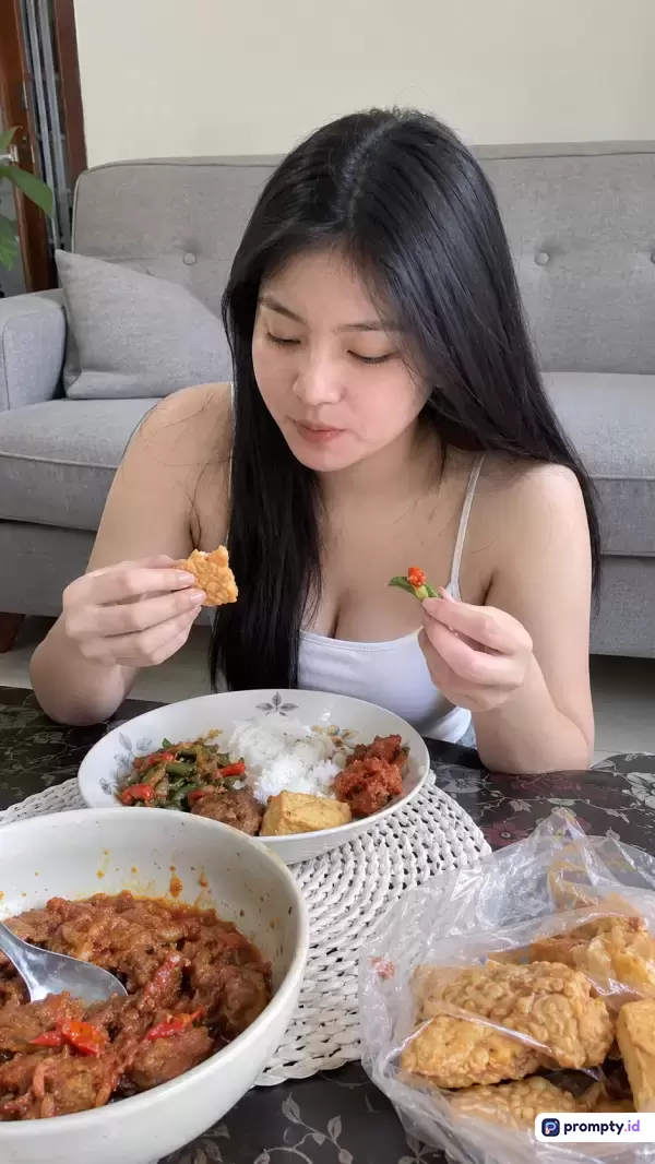 Foto candid berdurasi pendek bergaya natural ini menampilkan seorang wanita berambut hitam panjang mengenakan tank top putih sedang menikmati hidangan tradisional Indonesia di ruang tamu dengan latar belakang sofa abu-abu, dengan kata kunci kuliner Nusantara, tempe goreng, sambal, wanita cantik, makan siang, gaya hidup santai, dan potret kasual, yang didominasi oleh warna putih, abu-abu, dan cokelat.