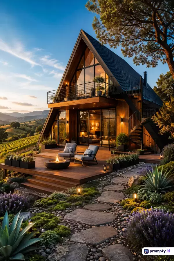 Gambar fotografi arsitektur bergaya modern-pedesaan yang menampilkan rumah bingkai A mewah dengan dek kayu luas, perapian luar ruangan, dan pencahayaan hangat, dikelilingi oleh lanskap perbukitan hijau, kebun anggur, serta jalan setapak batu, memuat kata kunci rumah liburan, arsitektur kayu, pemandangan alam, kemewahan terpencil, matahari terbenam, dengan tiga warna dominan biru langit, cokelat kayu, dan hijau alam.