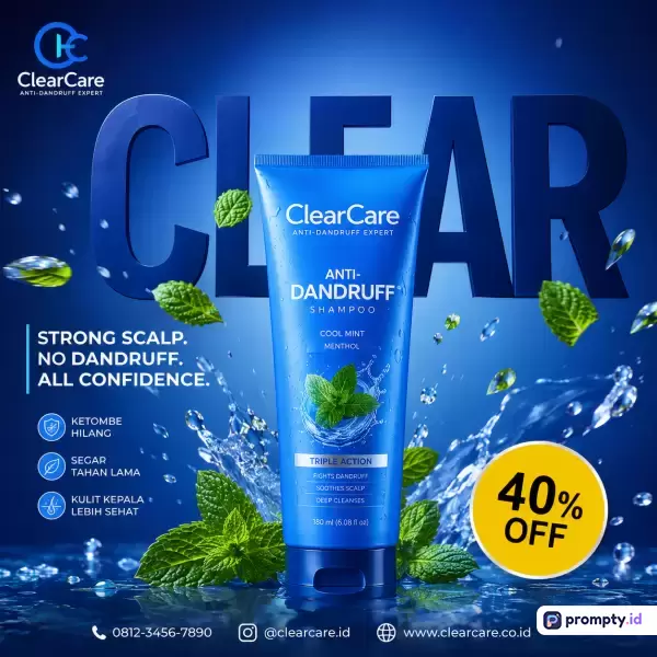 Gambar bergaya iklan komersial modern ini menampilkan botol sampo biru ClearCare Anti-Dandruff sebagai pusat perhatian dengan konten promosi diskon 40%, dikelilingi oleh elemen daun mint segar dan cipratan air, didominasi warna biru tua dan cerah, serta menggunakan kata kunci: sampo anti ketombe, perawatan rambut, mentol, diskon 40%, produk kecantikan, dan perawatan kulit kepala.
