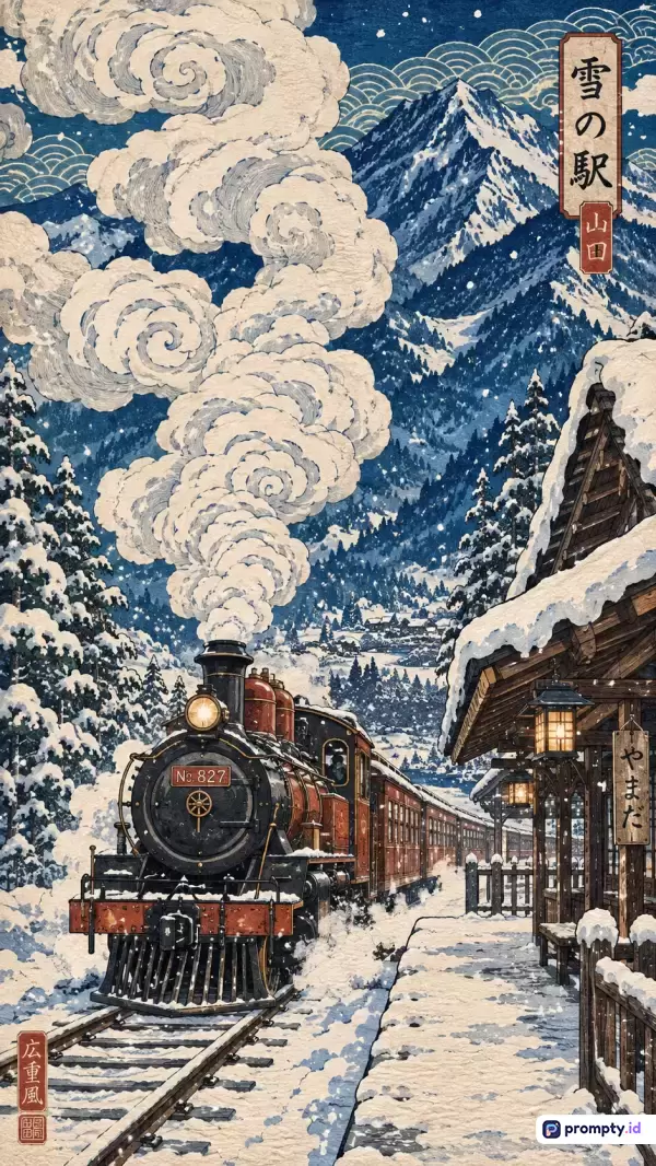 Gambar bergaya ukiyo-e tradisional Jepang ini menampilkan konten kereta uap klasik yang berhenti di stasiun bersalju dengan latar belakang pegunungan tertutup salju, menggunakan kata kunci kereta uap, musim dingin, Jepang, ukiyo-e, stasiun, salju, dan pegunungan, serta didominasi oleh warna biru tua, putih, dan cokelat.