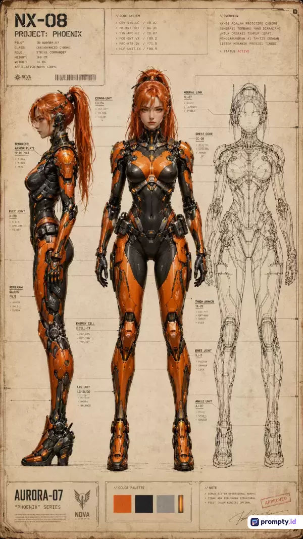 Gambar bergaya cetak biru fiksi ilmiah ini menampilkan desain karakter cyborg wanita berambut merah dengan dominasi warna cokelat muda, oranye, dan hitam, yang dikemas dengan konten teknis dan kata kunci seperti NX-08, cyborg, peta desain, dan futuristik.