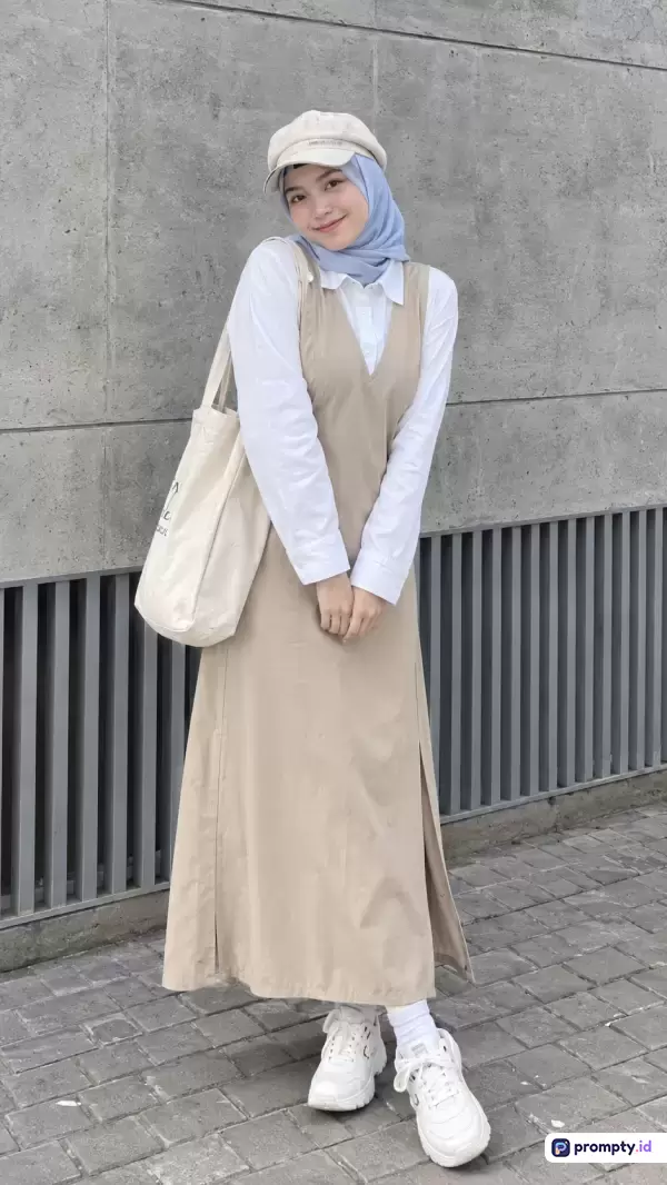 Foto bergaya kasual dan modis ini menampilkan seorang wanita muda berhijab dengan gaya OOTD (Outfit of the Day) yang mengenakan dress panjang berwarna khaki, kemeja putih, topi pet, dan tas jinjing kain, berlatar dinding semen industrial dengan dominasi warna krem, putih, dan abu-abu, serta memiliki kata kunci fashion hijab, gaya jalanan, kasual, OOTD, dan wanita muda.