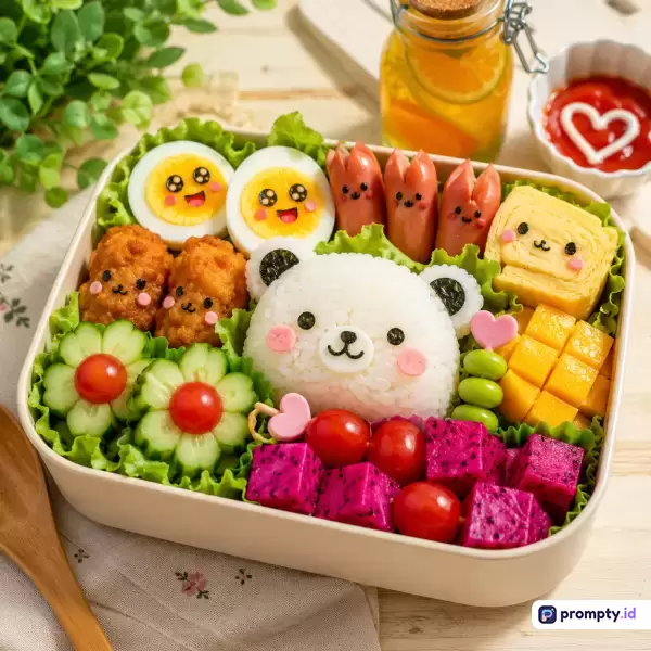 Gambar fotografi makanan bergaya estetika Jepang (Kyaraben) ini menampilkan isi kotak bekal bento lucu berisi nasi kepal beruang, telur rebus, sosis gurita, dan buah segar yang disusun rapi dengan dominasi warna putih, merah, dan kuning.