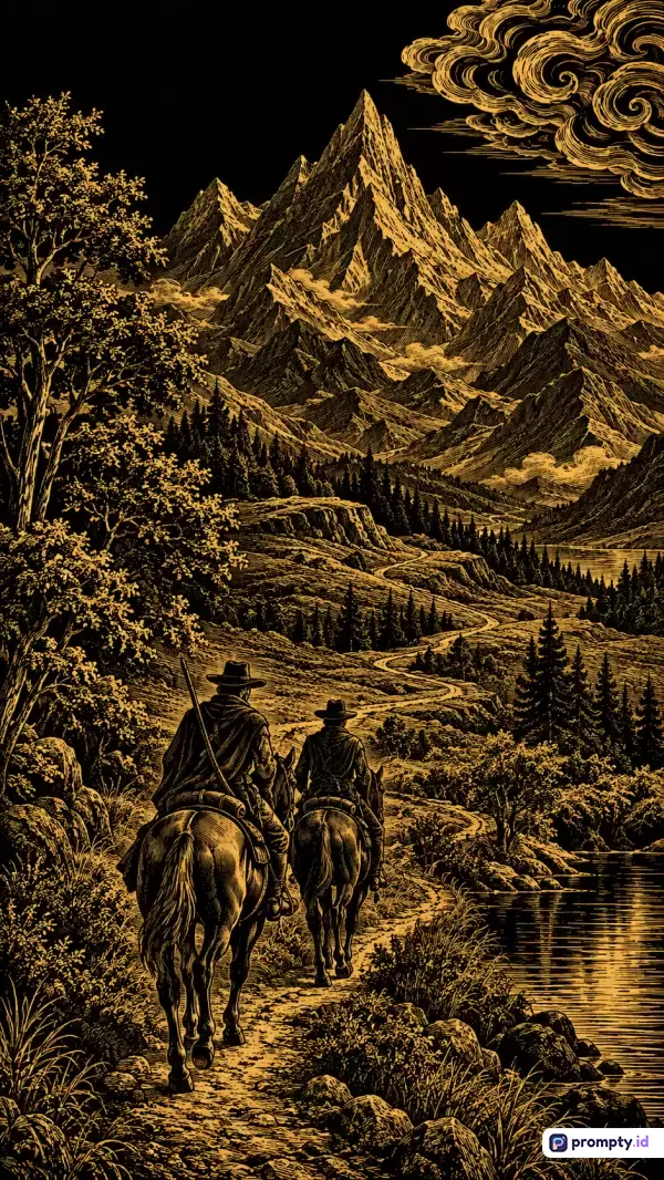 Gambar beretika ukiran garis (line engraving) ini menampilkan konten dua penunggang kuda koboi yang sedang menelusuri jalan setapak di alam liar pegunungan dan sungai berarus, dengan kata kunci koboi, pegunungan, penunggang kuda, alam liar, ukiran antik, yang didominasi oleh warna hitam, emas, dan cokelat tua.