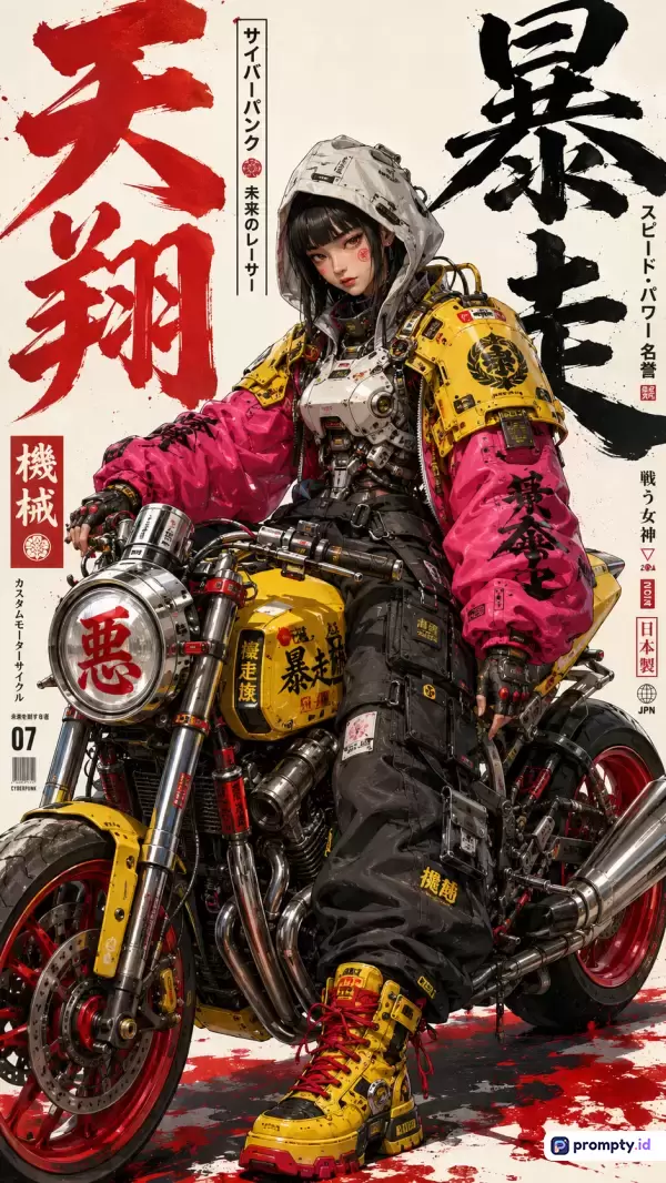 Gambar bergaya ilustrasi digital anime cyberpunk ini menampilkan seorang wanita muda berkerudung mengenakan jaket pink dan kuning cerah serta perlengkapan futuristik yang duduk di atas sepeda motor kustom, dengan konten bertema fiksi ilmiah Jepang yang diperkaya kata kunci wanita pengendara motor, siberpunk, masa depan, animasi, dan kaligrafi, didominasi oleh warna merah, kuning, dan putih, serta dihiasi teks Jepang bergaya poster majalah.