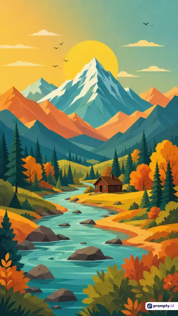 Gambar ilustrasi pemandangan alam bergaya datar (flat art) ini menampilkan lanskap pegunungan bersalju, hutan pinus, sungai berbatuan, dan sebuah kabin kayu di tepi sungai dengan latar belakang matahari terbenam yang memuat kata kunci seperti pemandangan, pegunungan, alam, kabin, sungai, dan matahari terbenam, serta didominasi oleh warna kuning, biru toska, dan jingga.