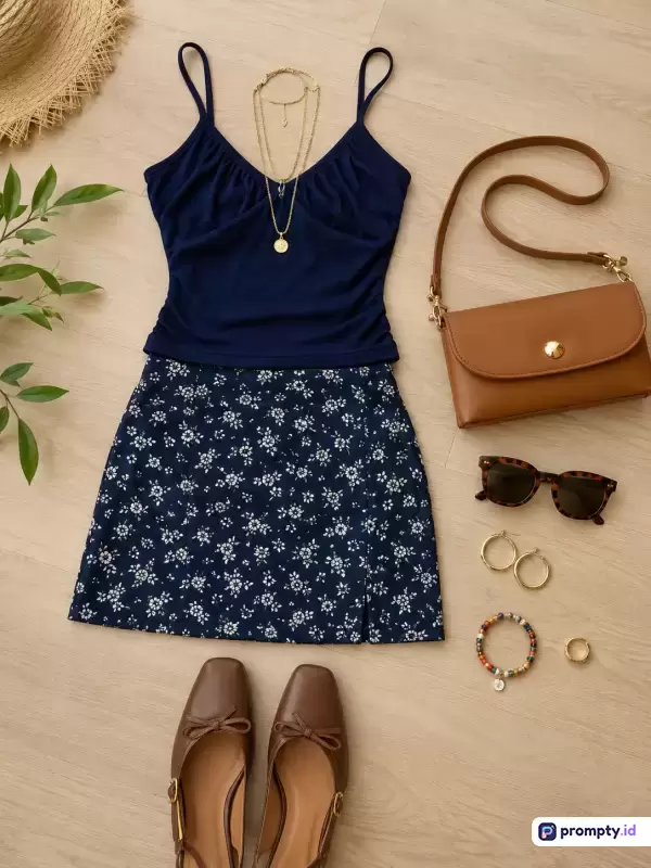 Gambar bergaya flat lay kasual musim panas ini menampilkan konten pakaian wanita yang terdiri dari atasan biru tua, rok mini motif bunga, tas selempang cokelat, dan aksesori pelengkap seperti kalung, kacamata hitam, serta sepatu datar, dengan kata kunci busana wanita, gaya kasual, OOTD, dan mode musim panas, serta didominasi oleh warna biru tua, cokelat, dan putih.