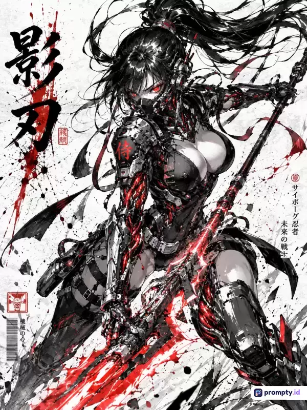 Ilustrasi digital bergaya anime bertema cyberpunk ini menampilkan karakter wanita cyborg ninja berambut hitam panjang dengan pose aksi memegang senjata tombak, didominasi oleh palet warna putih, hitam, dan merah, serta dihiasi teks kanji Jepang, cipratan cat darah, dan elemen mekanis futuristik dengan kata kunci utama: anime, cyberpunk, cyborg, ninja, wanita, aksi, dan futuristik.