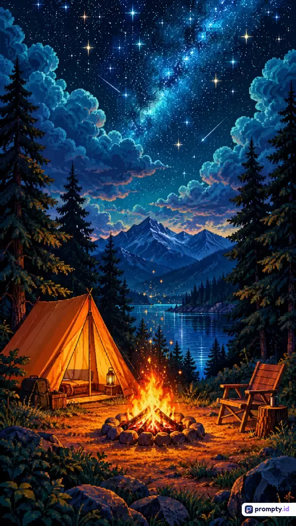 Gambar dengan gaya seni piksel ini menampilkan konten pemandangan malam di alam terbuka yang menampilkan tenda oranye, api unggun yang menyala terang, dan kursi kayu di tepi danau dengan latar belakang hutan pinus, pegunungan, serta langit berbintang penuh galaksi bima sakti, yang memiliki kata kunci berkemah, alam, malam, galaksi, dan piksel art, serta didominasi oleh tiga warna utama yaitu biru tua, oranye, dan kuning.