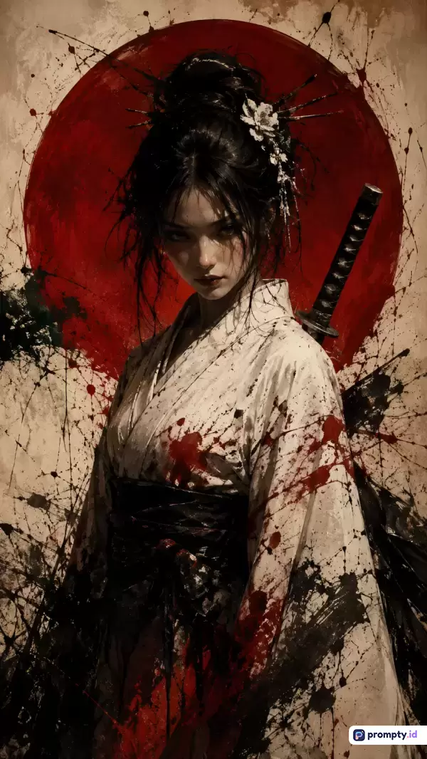 Gambar bergaya lukisan digital kontemporer ini menampilkan konten seorang wanita samurai berambut hitam dengan kimono putih berdarah dan katana di punggungnya, menggunakan kata kunci seperti wanita, samurai, katana, kimono, dan berdarah, dengan palet warna dominan merah tua, putih krem, dan hitam pekat.