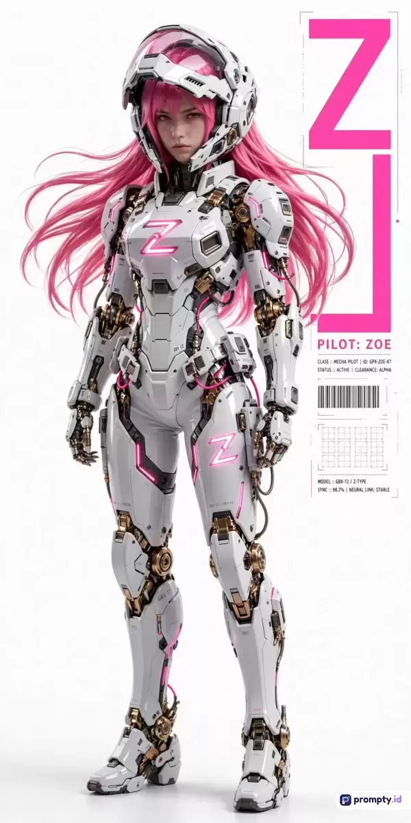 Gambar bergenre fiksi ilmiah digital ini menampilkan karakter wanita pilot mecha bernama Zoe dengan gaya futuristik, mengenakan baju zirah putih beraksen emas dan lampu neon merah muda, berambut panjang merah muda cerah, lengkap dengan elemen HUD, teks desain industri, dan kode batang di latar belakang putih bersih, yang mencakup kata kunci fiksi ilmiah, mecha, futuristik, cyberpunk, dan pilot, serta didominasi oleh tiga warna utama yaitu putih, merah muda (pink), dan emas.