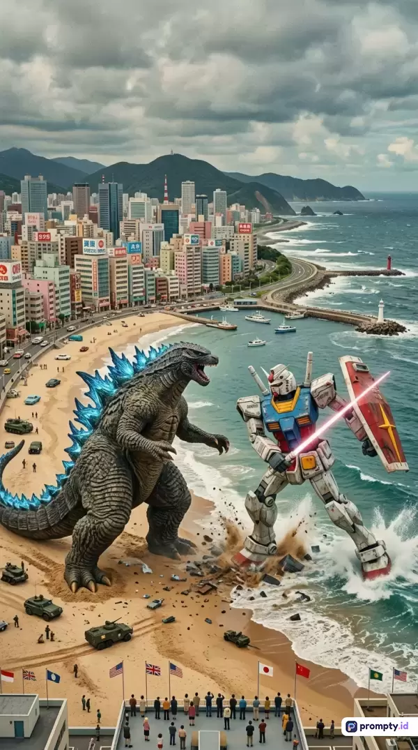 Gambar bergaya digital art sinematik ini menampilkan pertarungan epik antara monster Godzilla dan robot raksasa Gundam di pesisir pantai perkotaan dengan latar kota pesisir dan laut berawan, serta didominasi oleh warna biru, abu-abu, dan cokelat, dengan kata kunci kaiju, mecha, pertempuran, monster, robot, sci-fi, pantai, kota, epik, dan kehancuran.