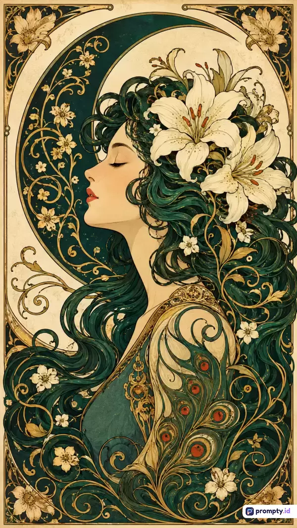 Gambar ilustrasi bergaya Art Nouveau ini menampilkan konten wanita berambut hijau gelap dengan hiasan bunga lili putih besar di rambutnya, dihiasi ornamen sulur emas yang rumit dengan latar belakang bulan sabit dan motif merak, menggunakan palet warna dominan hijau tua, krem kekuningan, dan putih gading, serta kaya akan kata kunci seperti kecantikan klasik, elegansi, estetika vintage, motif botol, dan dekoratif klasik.