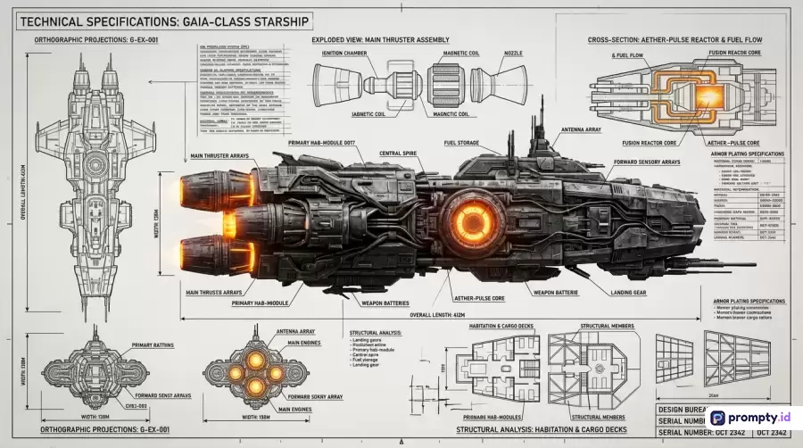 Gambar berteknologi tinggi ini menampilkan ilustrasi skematik dan blueprint bergaya cetak biru fiksi ilmiah dengan dominasi warna abu-abu, putih, dan oranye menyala, yang menampilkan desain teknis detail kapal luar angkasa Gaia-Class dengan berbagai proyeksi ortografis, potongan silang reaktor, dan spesifikasi komponen menggunakan kata kunci seperti spaceship blueprint, technical drawing, sci-fi schematic, gaea-class, orthographic projection, cross-section, dan futuristic engineering.