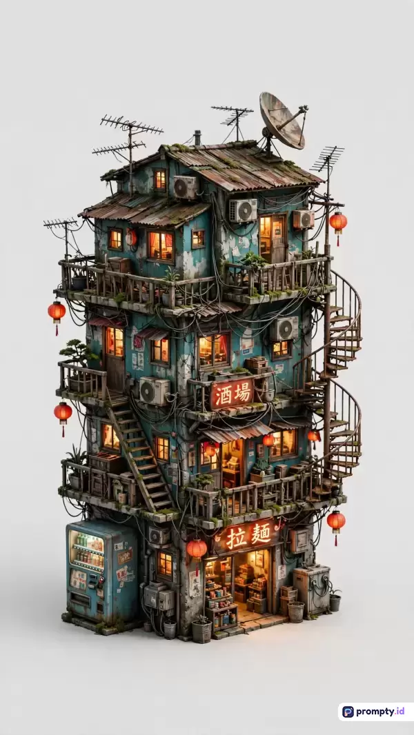 Gambar bergaya diorama miniatur 3D ini menampilkan bangunan bertingkat perkotaan Asia yang kumuh namun artistik, dipenuhi detail rumit seperti kabel semrawut, antena parabola, AC, tangga spiral, dan lentera merah bercahaya, dengan kata kunci arsitektur perkotaan, cyberpunk, diorama, miniatur, kumuh, Asia, dan lentera, serta didominasi oleh warna biru teal, cokelat kayu, dan merah terang.