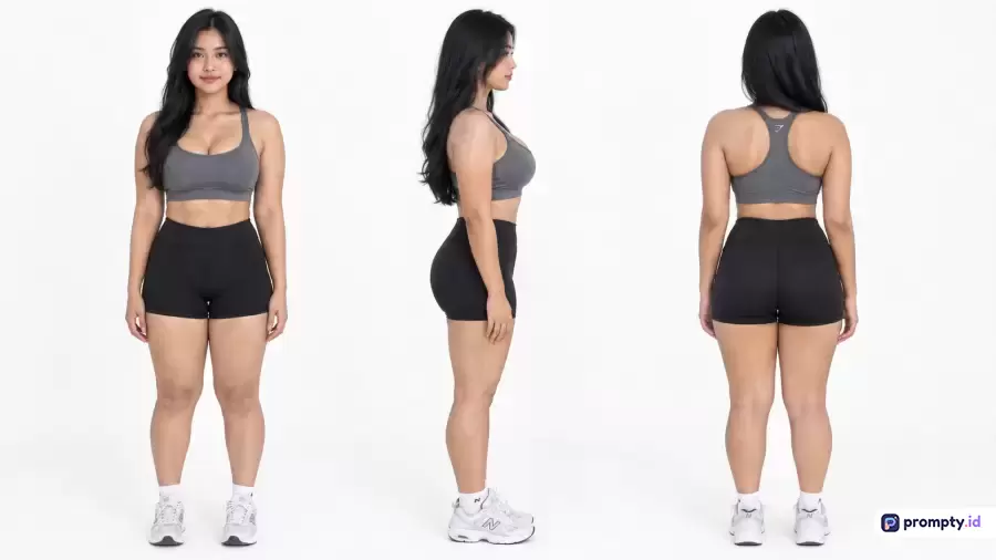 Gambar bergaya fotografi studio realistis berlatar putih bersih ini menampilkan model wanita Asia berambut hitam panjang dalam tiga sudut pandang (depan, samping, belakang) mengenakan pakaian olahraga abu-abu tua dan hitam dengan sepatu putih, serta dikategorikan dengan kata kunci wanita, kebugaran, pakaian olahraga, model, dan tiga sudut, dengan tiga warna dominan yaitu putih, abu-abu tua, dan hitam.