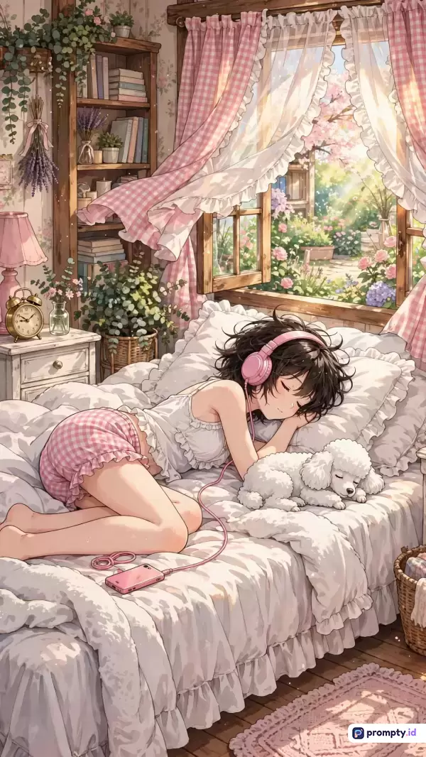 Gambar bergaya ilustrasi anime yang hangat dan estetis ini menampilkan seorang gadis berambut gelap yang sedang tidur pulas mengenakan headphone merah muda di atas ranjang putih berselimut lembut bersama anjing pudel putih, dikelilingi oleh dekorasi kamar tidur yang nyaman dengan rak buku kayu, tanaman hias hijau, serta jendela terbuka yang memperlihatkan pemandangan taman berbunga cerah di luar. Kata kunci: anime, gadis tidur, kamar tidur estetis, anjing pudel, headphone, kasur putih, tanaman hias, rak buku, jendela terbuka, musim semi, santai, damai. Palet warna dominan pada gambar ini adalah merah muda, putih, dan cokelat kayu.