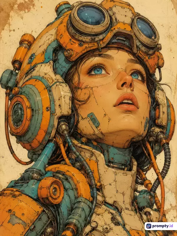 Gambar bergaya ilustrasi retro-futuristik/sci-fi ini menampilkan potret seorang wanita cyborg bermata biru yang mengenakan helm mekanik kompleks, dengan tiga warna dominan yaitu oranye, biru toska, dan krem, serta kata kunci fiksi ilmiah, android, mecha, steampunk, dan estetika retro.