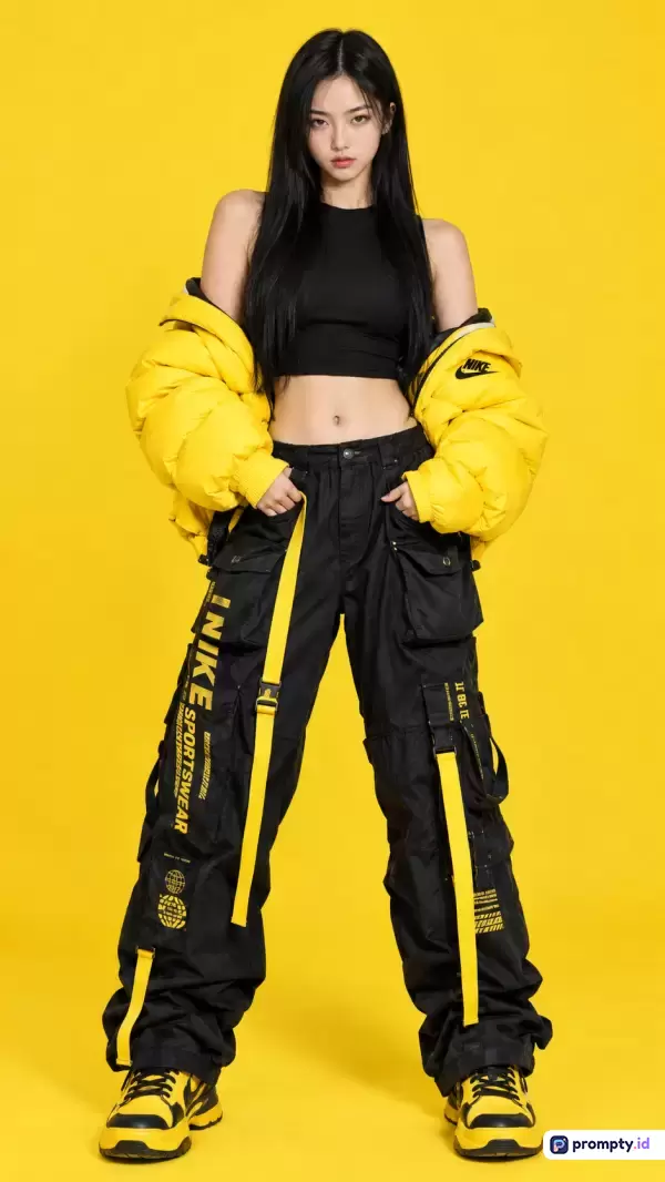 Gambar bergaya potret studio modern ini menampilkan seorang model wanita berambut hitam panjang dengan gaya busana streetwear kontemporer, mengenakan crop top hitam, jaket puffer kuning, celana kargo hitam beraksen tali, serta sepatu kets serasi dengan latar belakang kuning polos, yang mengusung kata kunci fesyen, anak muda, gaya urban, dan pakaian olahraga, dengan dominasi tiga warna utama yaitu kuning cerah, hitam legam, dan abu-abu gelap.
