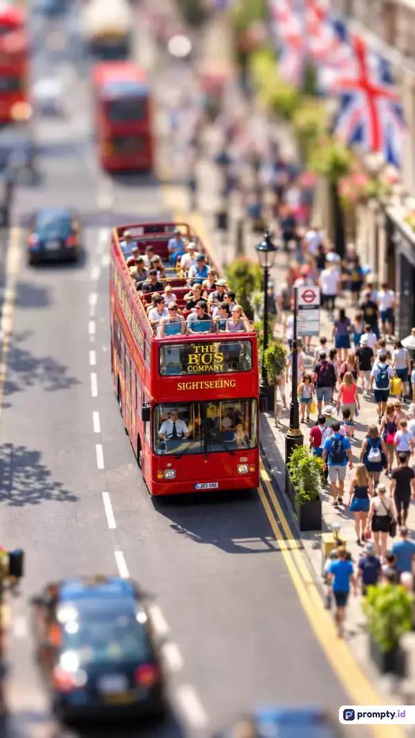 Gambar fotografi bergaya diorama atau efek *tilt-shift* ini menampilkan suasana jalanan kota London yang sibuk dengan konten bus wisata merah bertingkat penuh penumpang, pejalan kaki, dan bendera Inggris, serta memiliki kata kunci London, bus merah, pariwisata, *tilt-shift*, dan jalan raya, dengan tiga warna dominan yaitu merah, biru, dan abu-abu.