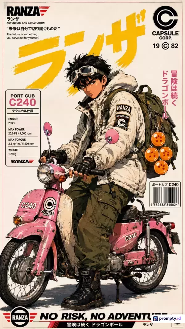 Gambar ini bergeser ke gaya seni manga klasik era 1980-an yang menampilkan ilustrasi seorang petualang muda berambut hitam memakai kacamata pelindung, jaket putih, dan ransel dengan gantungan bola naga, sedang menaiki skuter merah muda Port Cub C240 berhiaskan logo Capsule Corp dengan latar belakang putih bergaya sampul majalah retro yang memuat tipografi Jepang dan Inggris, spesifikasi teknik kendaraan, kode batang, serta teks NO RISK, NO ADVENTURE menggunakan tiga warna dominan yaitu putih, kuning cerah, dan merah muda pastel.