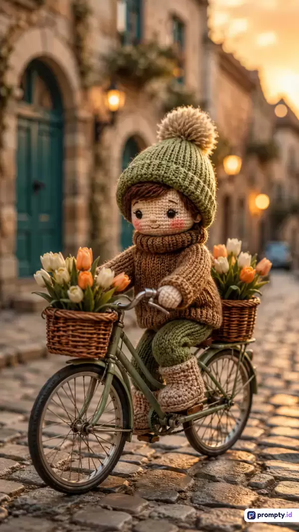 Gambar bergaya fotografi makro yang realistis ini menampilkan boneka rajut amigurumi berbusana musim dingin lengkap dengan topi hijau dan sweter cokelat sedang mengendarai sepeda miniatur bermuatan keranjang penuh bunga tulip, berlatar jalanan kota tua berbatu saat senja dengan dominasi warna hijau zaitun, cokelat hangat, dan jingga lembut, serta memuat kata kunci boneka rajut, amigurumi, sepeda mini, bunga tulip, jalan berbatu, dan senja.