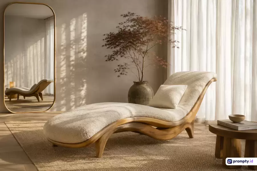 Gambar bergaya fotografi interior minimalis modern ini menampilkan konten kursi malas berbingkai kayu melengkung dengan pelapis putih berbulu di ruangan bercahaya alami, menggunakan kata kunci desain interior, kursi santai, minimalis, estetis, dan kenyamanan rumah, serta didominasi oleh warna krem, cokelat kayu, dan putih gading.