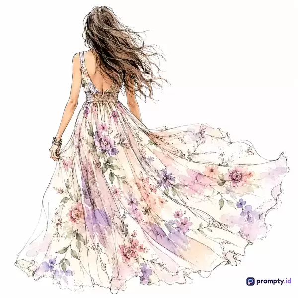 Gambar bergaya ilustrasi mode cat air dengan teknik sketsa tinta ini menampilkan konten seorang wanita berambut cokelat panjang yang berbalik membelakangi kamera sambil mengenakan gaun panjang beritsleting dengan motif bunga pastel yang mengalir anggun, menggunakan kata kunci mode wanita, ilustrasi busana, gaun bunga, rambut tertiup angin, dan cat air, dengan palet warna dominan putih krem, merah muda pastel, dan ungu muda.