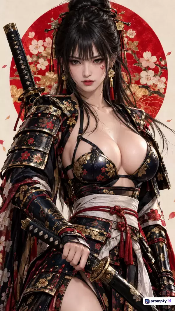 Gambar bergaya seni digital anime realistis ini menampilkan seorang wanita samurai cantik berambut hitam dengan gaya rambut tradisional yang memegang katana, mengenakan armor hitam bermotif bunga sakura dengan latar belakang lingkaran merah khas Jepang, serta memiliki dominasi warna merah, hitam, dan emas dengan kata kunci wanita samurai, anime realistis, jepang, katana, armor, bunga sakura, fantasi, dan seni digital.