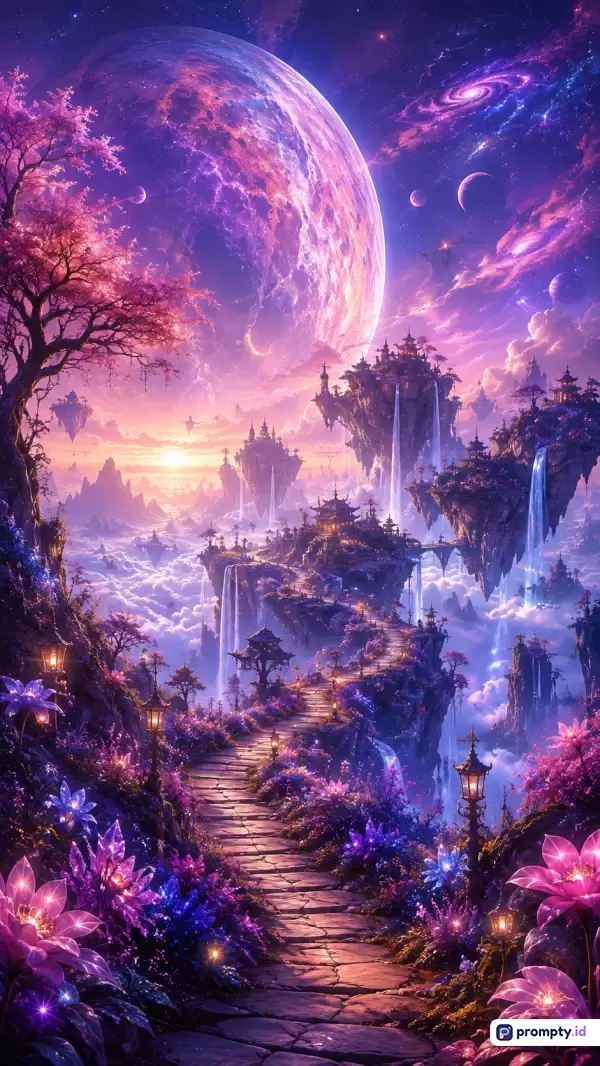 Gambar digital fantasi bergaya surealis ini menampilkan pemandangan kosmik surealis dengan jalan setapak batu yang berkelok melalui lanskap bunga sakura ungu bercahaya, pulau-pulau melayang dengan pagoda tradisional dan air terjun, serta planet raksasa di langit malam bertabur galaksi, dengan kata kunci: fantasi, kosmik, pulau terapung, pagoda, bunga sakura, galaksi, surealis; dan tiga warna dominan yaitu ungu, merah muda, dan biru gelap, yang dikemas dalam satu kalimat utuh.